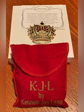 NEW Vintage Kenneth Jay Lane  Gold-Tone Crown Brooch with Red and Green Accents